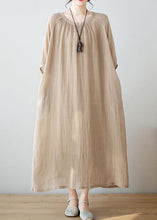 Load image into Gallery viewer, Art Khaki O Neck Wrinkled Pockets Patchwork Linen Dresses Summer