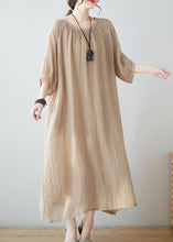 Load image into Gallery viewer, Art Khaki O Neck Wrinkled Pockets Patchwork Linen Dresses Summer