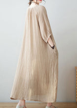 Load image into Gallery viewer, Art Khaki O Neck Wrinkled Pockets Patchwork Linen Dresses Summer