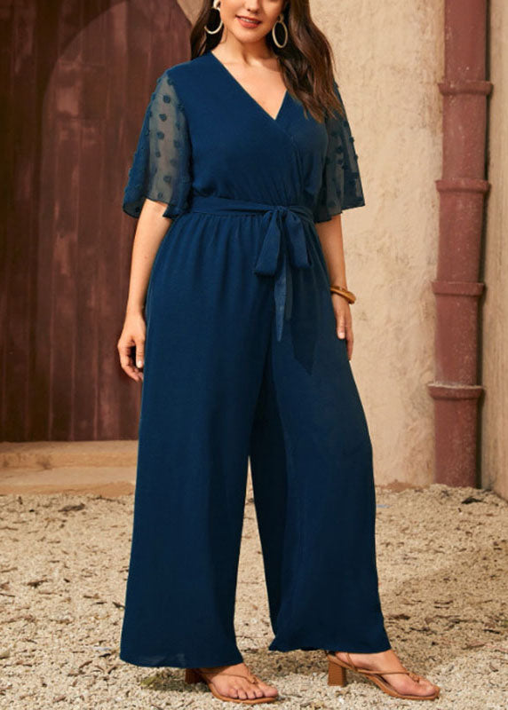 Art Navy Blue V Neck Patchwork Bow Chiffon Jumpsuit Summer