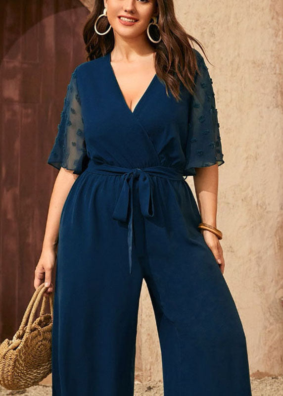 Art Navy Blue V Neck Patchwork Bow Chiffon Jumpsuit Summer