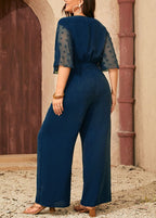 Art Navy Blue V Neck Patchwork Bow Chiffon Jumpsuit Summer