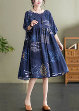 Load image into Gallery viewer, Art Navy O Neck Print Wrinkled Patchwork Cotton Mid Dresses Summer
