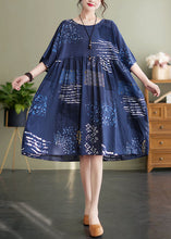 Load image into Gallery viewer, Art Navy O Neck Print Wrinkled Patchwork Cotton Mid Dresses Summer