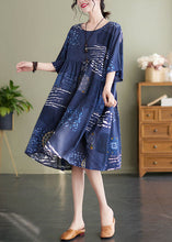 Load image into Gallery viewer, Art Navy O Neck Print Wrinkled Patchwork Cotton Mid Dresses Summer