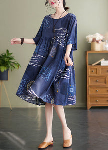 Art Navy O Neck Print Wrinkled Patchwork Cotton Mid Dresses Summer