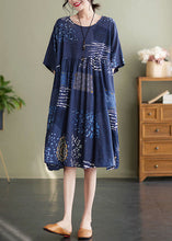 Load image into Gallery viewer, Art Navy O Neck Print Wrinkled Patchwork Cotton Mid Dresses Summer
