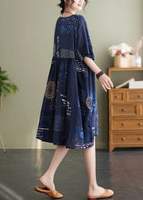 Load image into Gallery viewer, Art Navy O Neck Print Wrinkled Patchwork Cotton Mid Dresses Summer