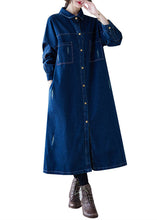 Load image into Gallery viewer, Art Navy Peter Pan Collar Button Patchwork Denim Shirts Dresses Spring