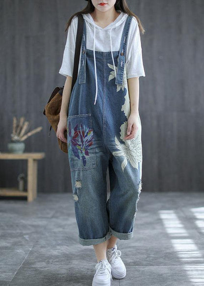 Art Navy Print Retro Hole Pockets Overall Jumpsuit Summer