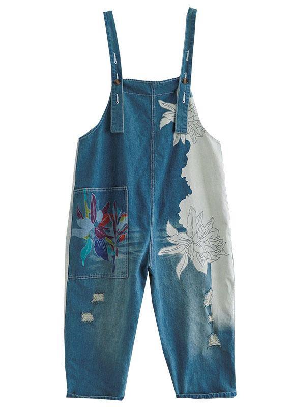 Art Navy Print Retro Hole Pockets Overall Jumpsuit Summer
