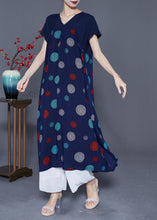 Load image into Gallery viewer, Art Navy V Neck Patchwork Print Cotton Robe Dresses Summer