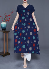 Load image into Gallery viewer, Art Navy V Neck Patchwork Print Cotton Robe Dresses Summer