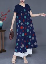 Load image into Gallery viewer, Art Navy V Neck Patchwork Print Cotton Robe Dresses Summer
