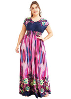 Art O-Neck Print Elastic Waist Ice Silk Long Holiday Dress Short Sleeve