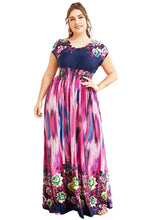 Load image into Gallery viewer, Art O-Neck Print Elastic Waist Ice Silk Long Holiday Dress Short Sleeve