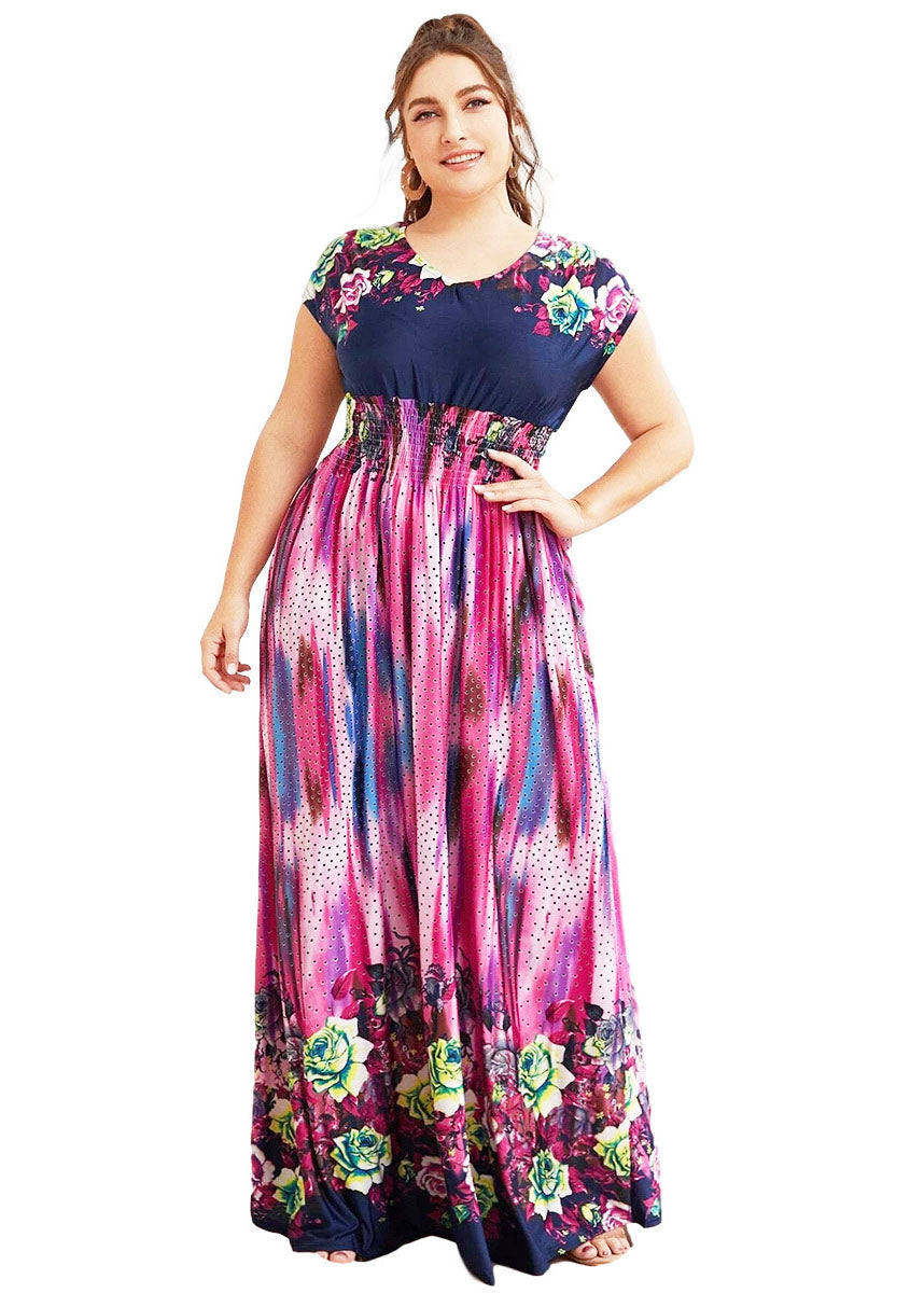 Art O-Neck Print Elastic Waist Ice Silk Long Holiday Dress Short Sleeve
