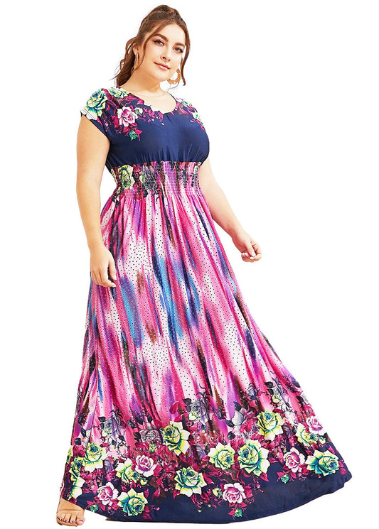 Art O-Neck Print Elastic Waist Ice Silk Long Holiday Dress Short Sleeve