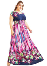 Load image into Gallery viewer, Art O-Neck Print Elastic Waist Ice Silk Long Holiday Dress Short Sleeve