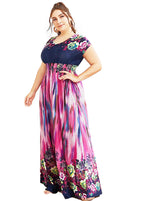 Art O-Neck Print Elastic Waist Ice Silk Long Holiday Dress Short Sleeve