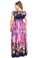 Art O-Neck Print Elastic Waist Ice Silk Long Holiday Dress Short Sleeve