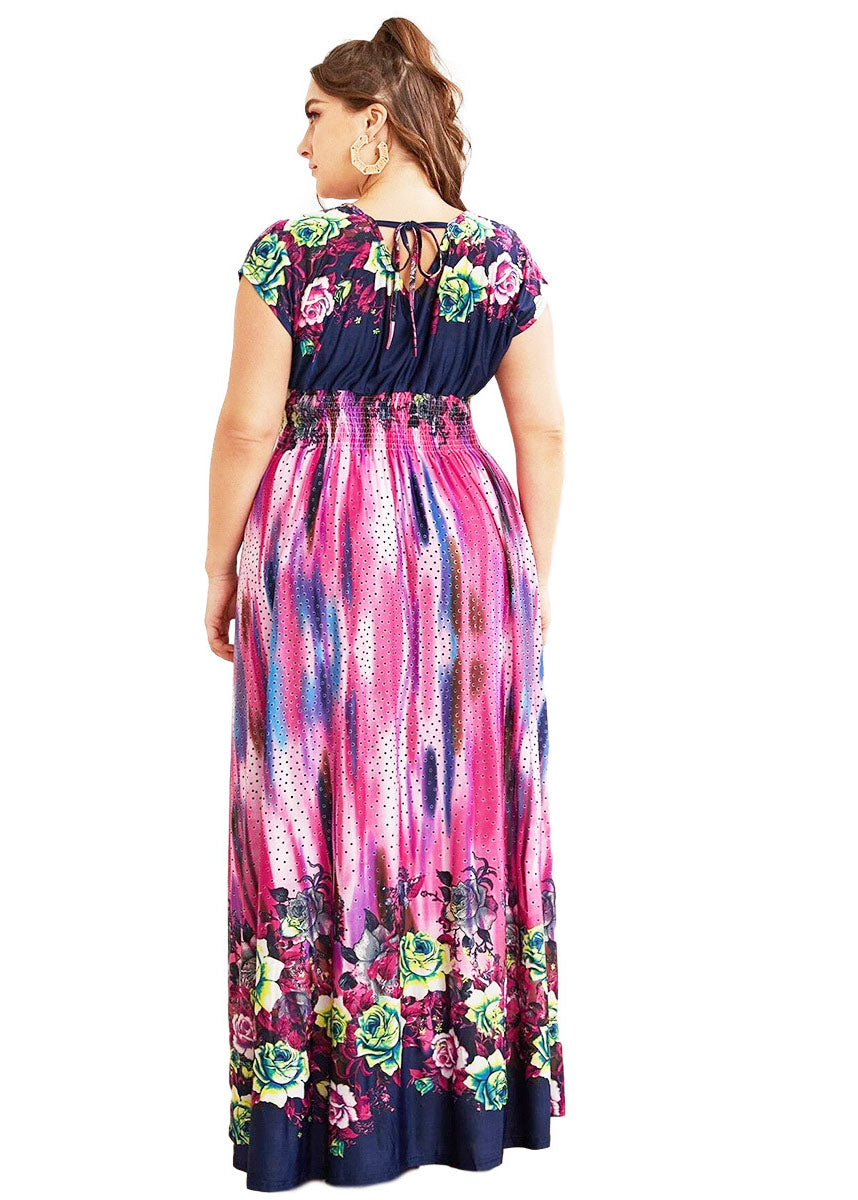 Art O-Neck Print Elastic Waist Ice Silk Long Holiday Dress Short Sleeve