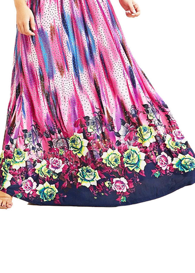 Art O-Neck Print Elastic Waist Ice Silk Long Holiday Dress Short Sleeve