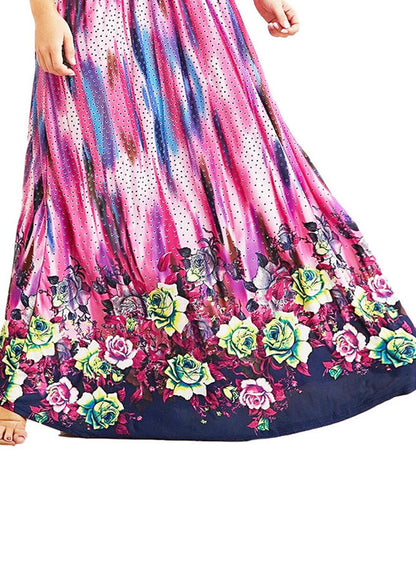 Art O-Neck Print Elastic Waist Ice Silk Long Holiday Dress Short Sleeve