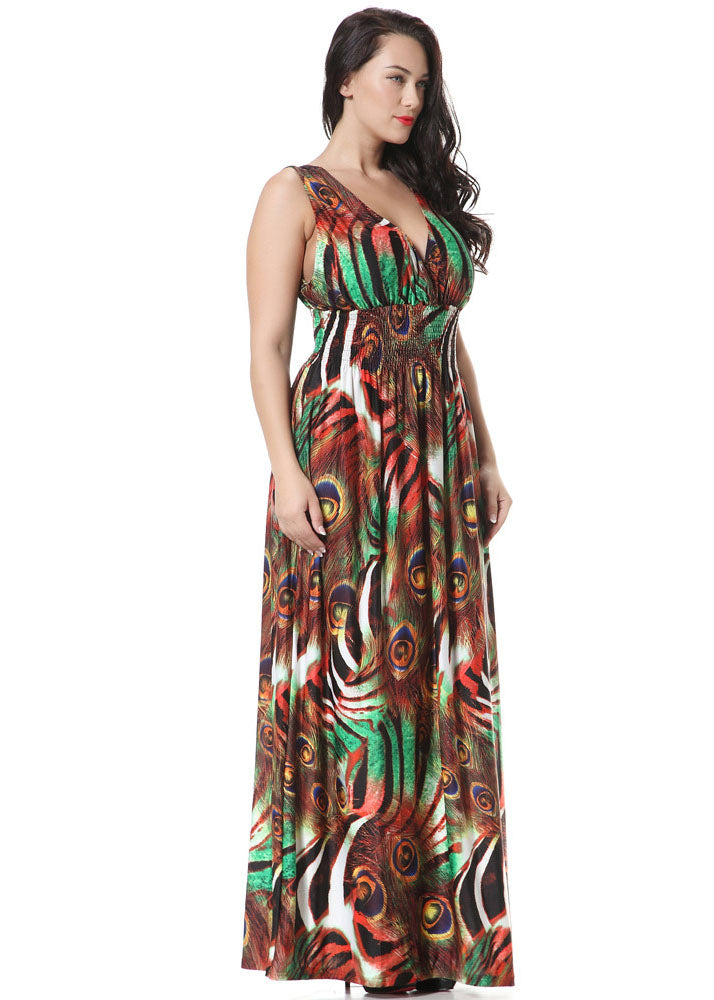 Art Patchwork Print High Waist Ice Size Maxi Dress Sleeveless