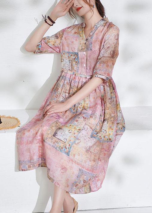 Art Pink Tie Waist Button Print Summer Ramie Vacation Dresses Half Sleeve