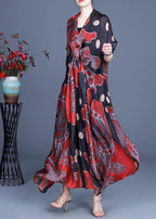 Art Red Dot Print Silk Two Pieces Set Summer long Dress
