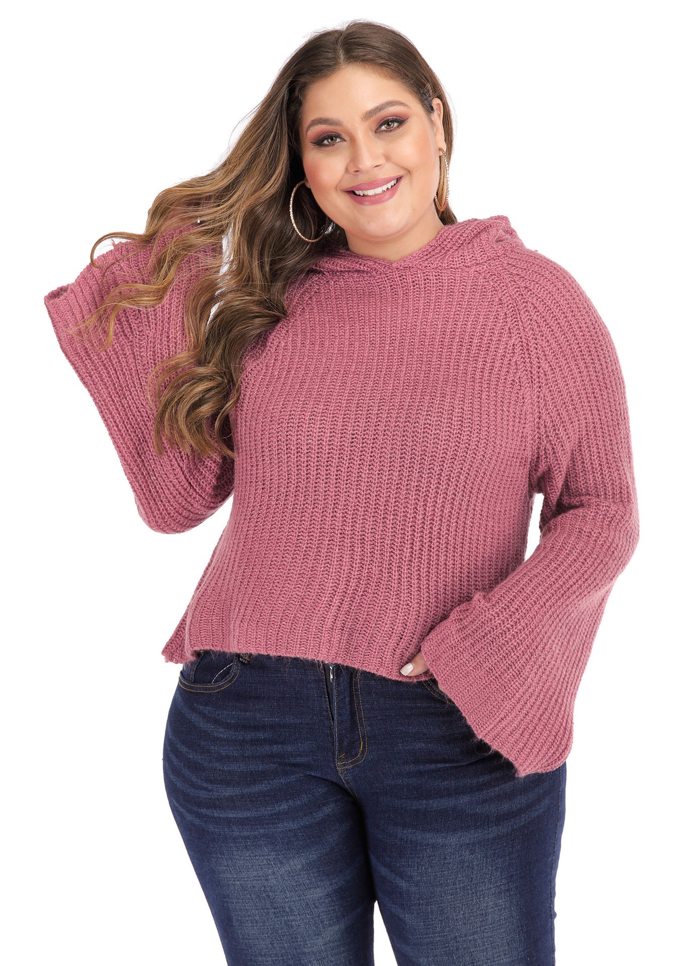 Art Red Hooded Solid Knit Sweater Long Sleeve