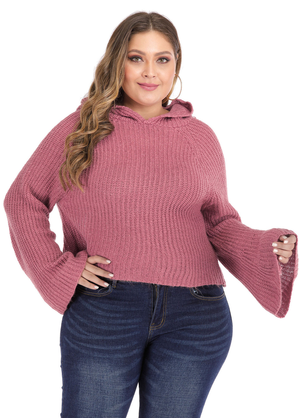 Art Red Hooded Solid Knit Sweater Long Sleeve