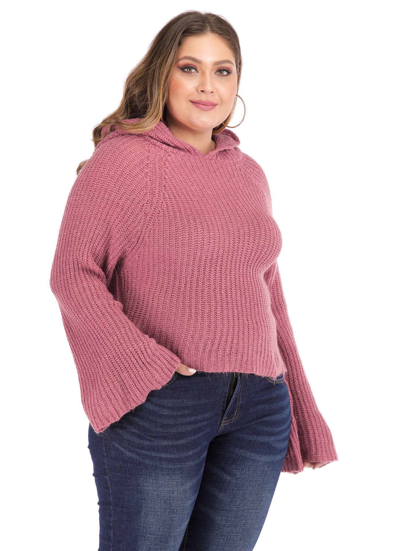 Art Red Hooded Solid Knit Sweater Long Sleeve