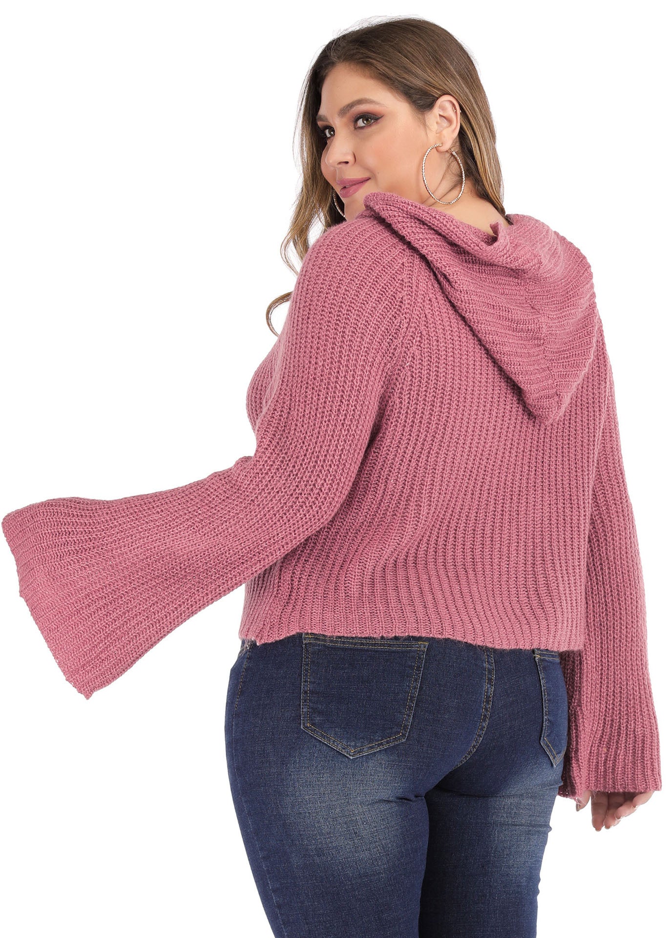 Art Red Hooded Solid Knit Sweater Long Sleeve