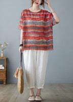 Art Red O Neck Print Patchwork Linen T Shirt Tops Short Sleeve