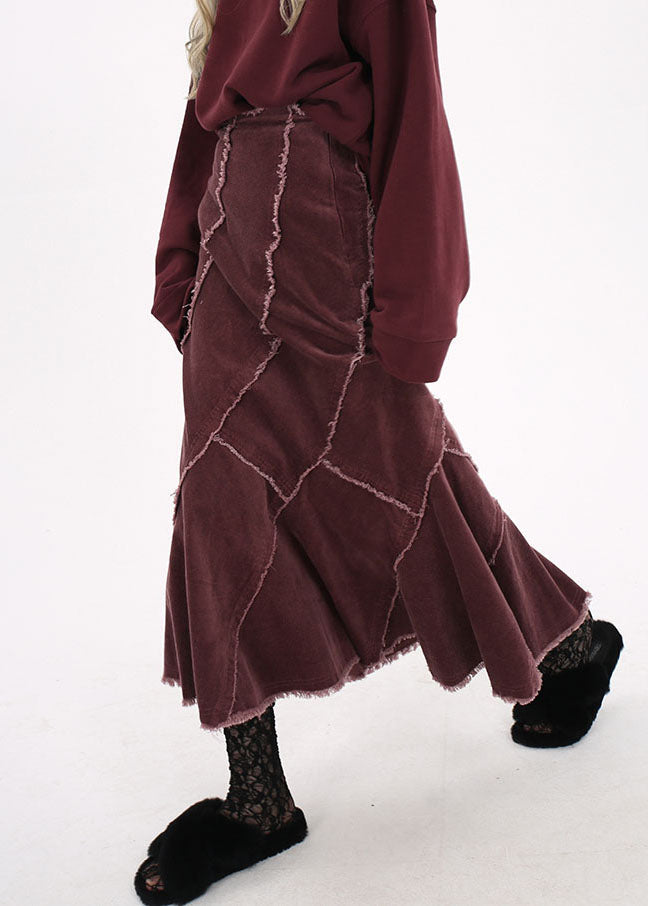 Art Red Wraped Patchwork Corduroy Skirt Winter