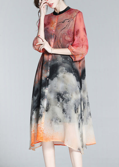 Art Stand Collar Print Button Silk Maxi Shirt Dress Spring