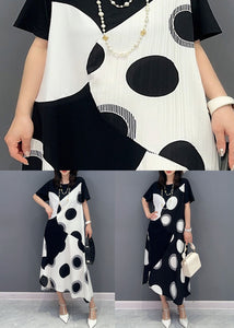 Art White O Neck Dot Print Patchwork Cotton Dresses Summer