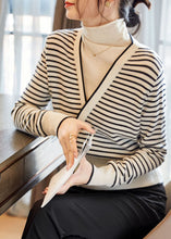 Load image into Gallery viewer, Art White Turtle Neck Patchwork Striped Knit Fake Two Piece Sweaters Spring