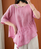 Art pink embroidery Blouse o neck Cinched silhouette blouse