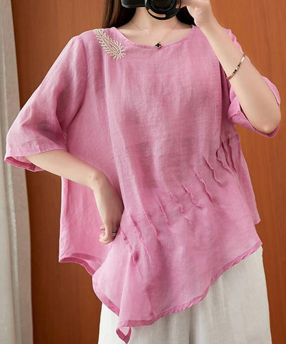 Art pink embroidery Blouse o neck Cinched silhouette blouse