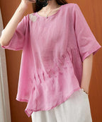 Art pink embroidery Blouse o neck Cinched silhouette blouse