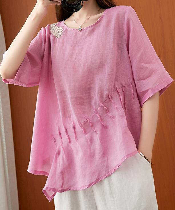 Art pink embroidery Blouse o neck Cinched silhouette blouse