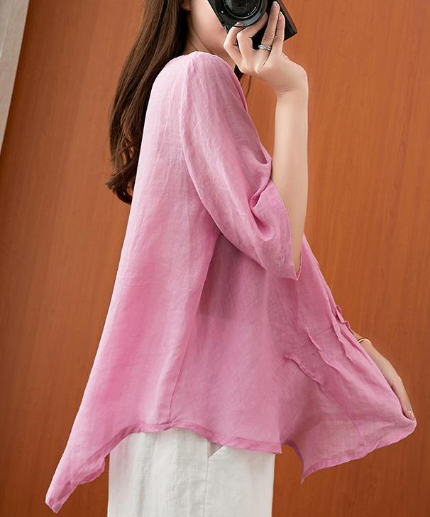 Art pink embroidery Blouse o neck Cinched silhouette blouse