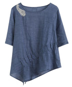 Art pink embroidery Blouse o neck Cinched silhouette blouse