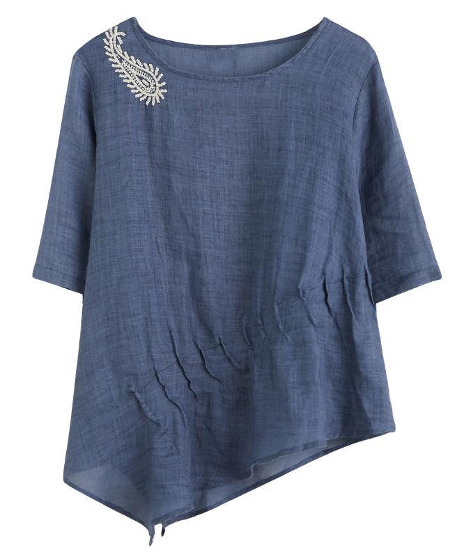 Art pink embroidery Blouse o neck Cinched silhouette blouse