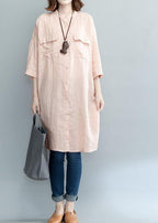 Art pink linen dresses stand collar baggy summer shirt Dress