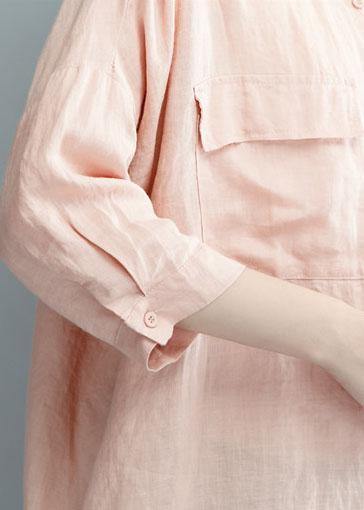 Art pink linen dresses stand collar baggy summer shirt Dress
