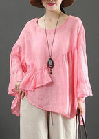 Art pink linen tops o neck Ruffles silhouette summer blouses